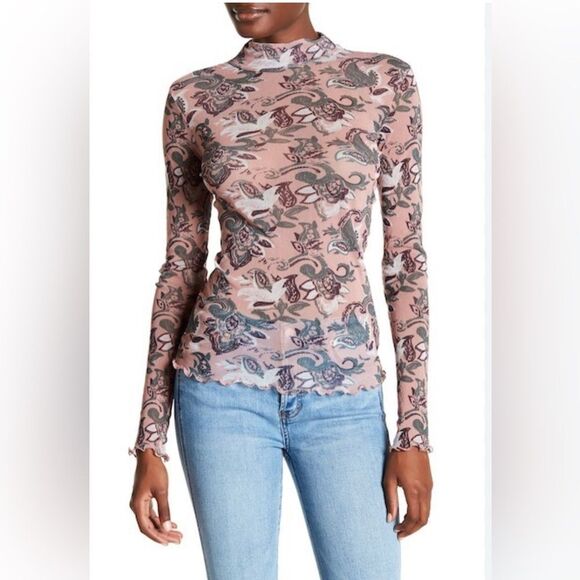 Free People Pink Pukka Mesh Long Sleeve Print Mock Neck layering Top small - Picture 1 of 8